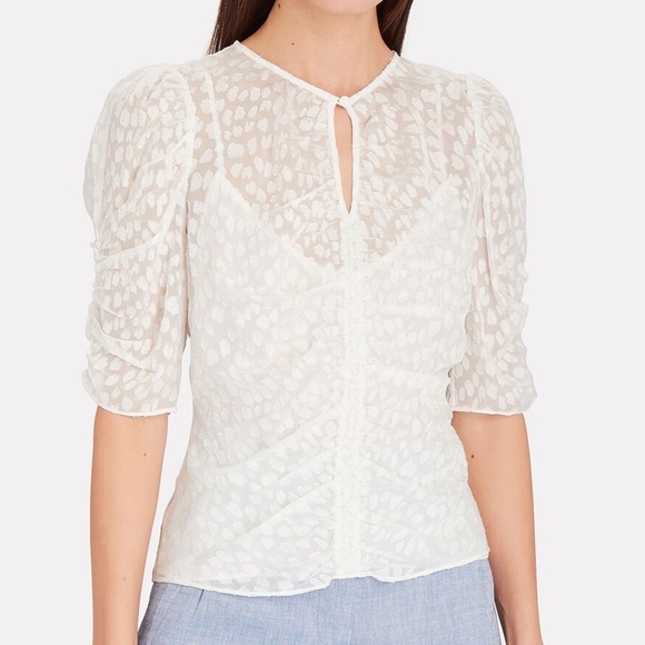 FRAME Shirred Keyhole Puff-Shoulder Top - Picture 1 of 13